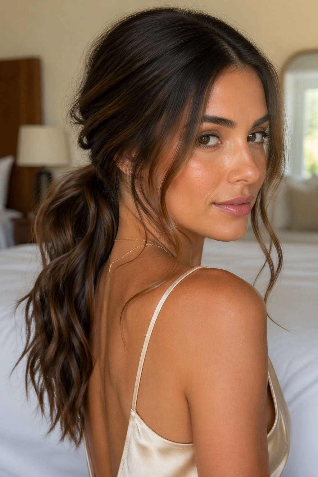 Real woman with loose romantic low ponytail in cozy bedroom