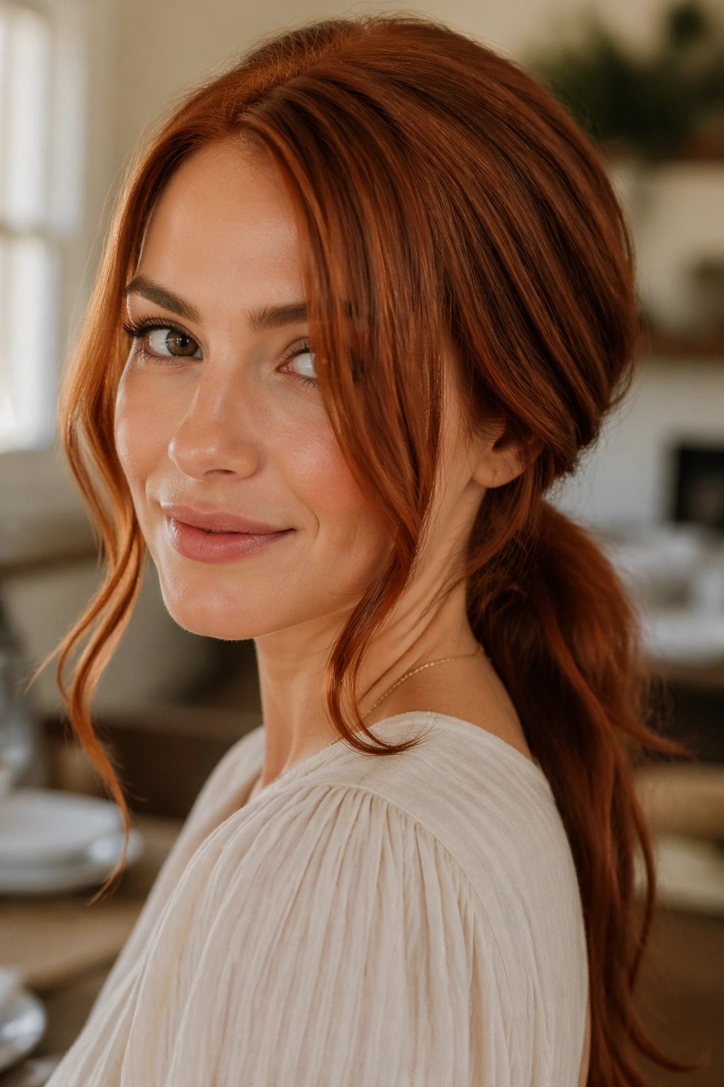 Close-up of a real woman with a romantic low red ponytail and soft tendrils framing the face