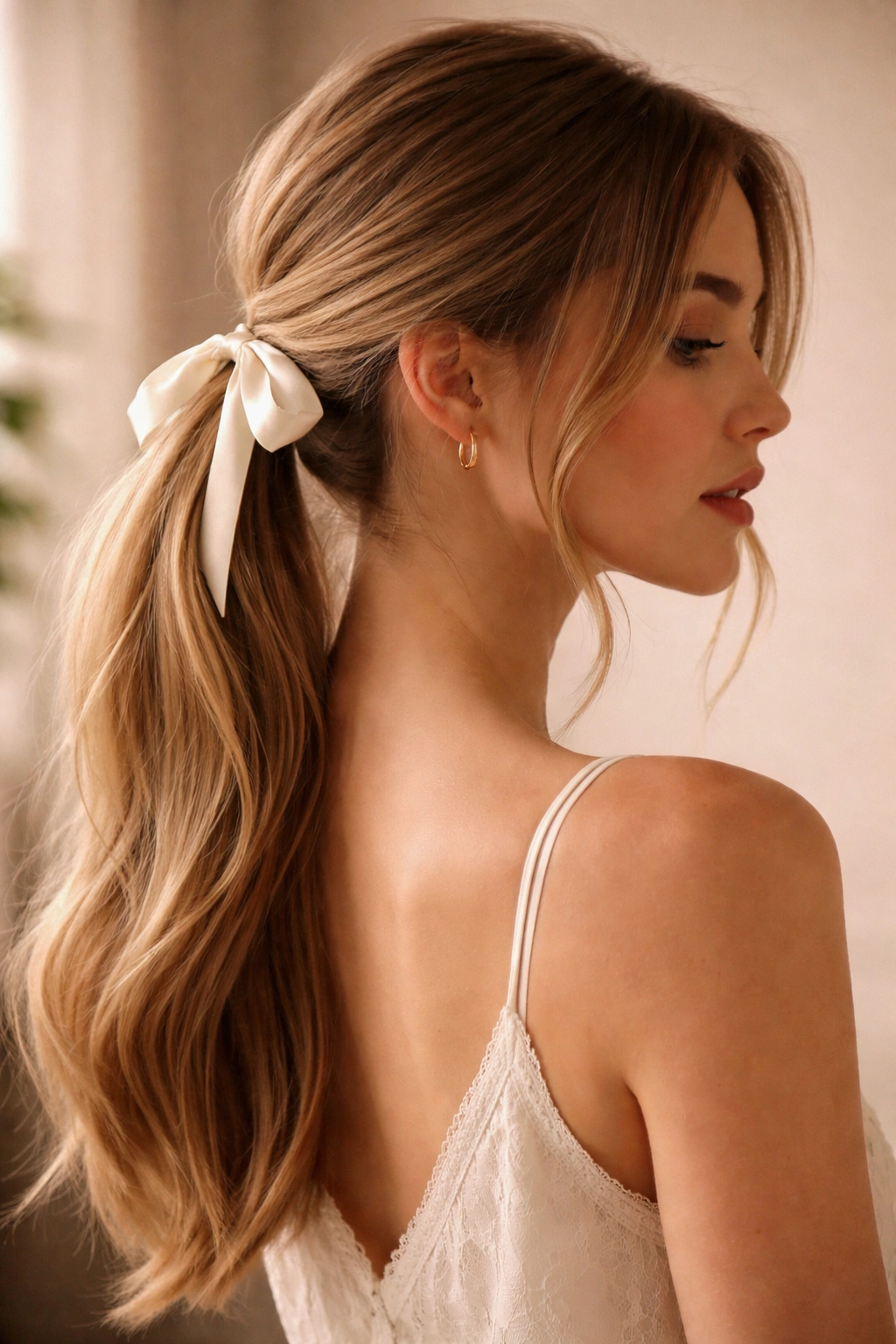 Romantic low ponytail with soft front pieces and satin ribbon at the elastic on straight hair