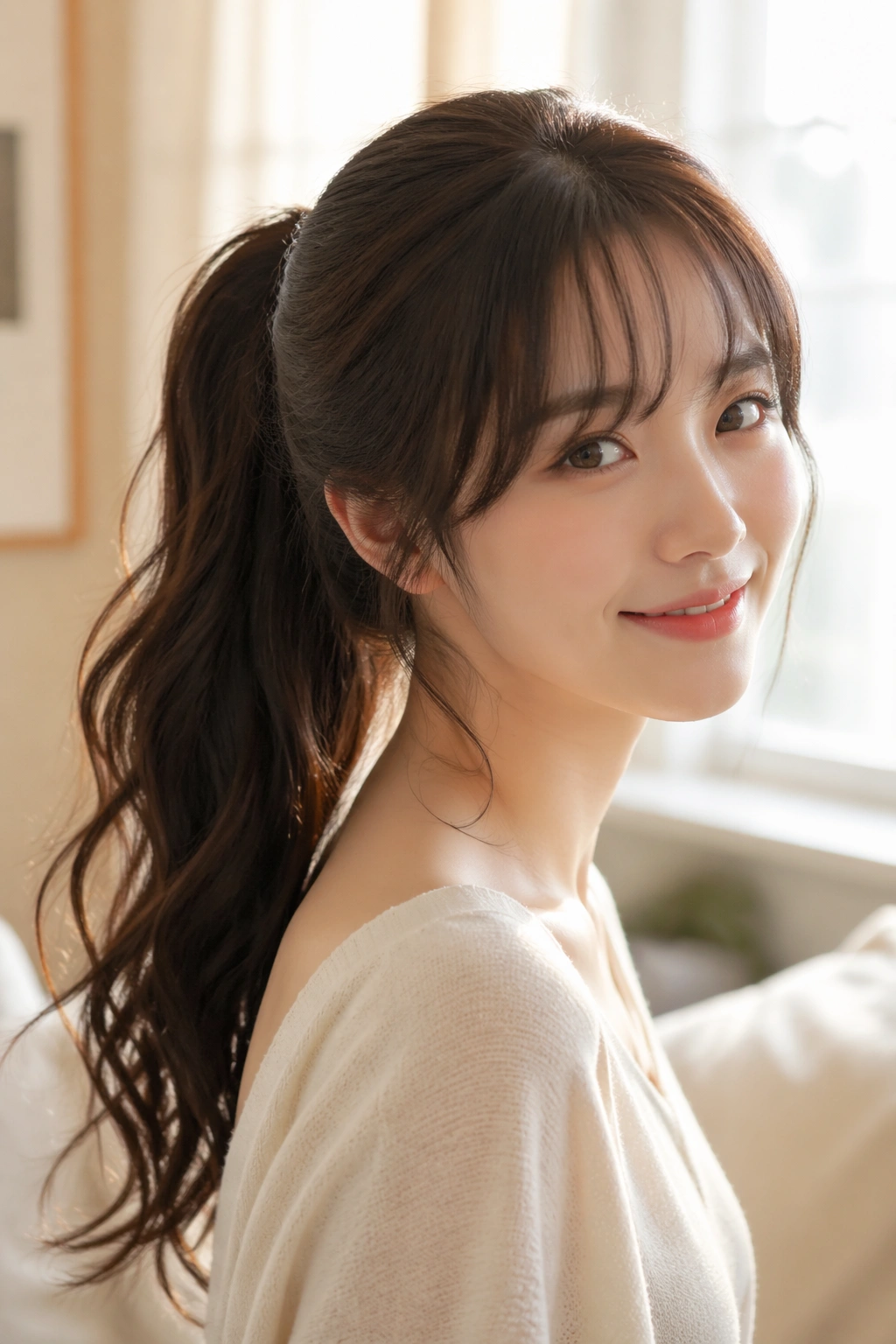 Portrait of a woman with a romantic ponytail and arched bangs
