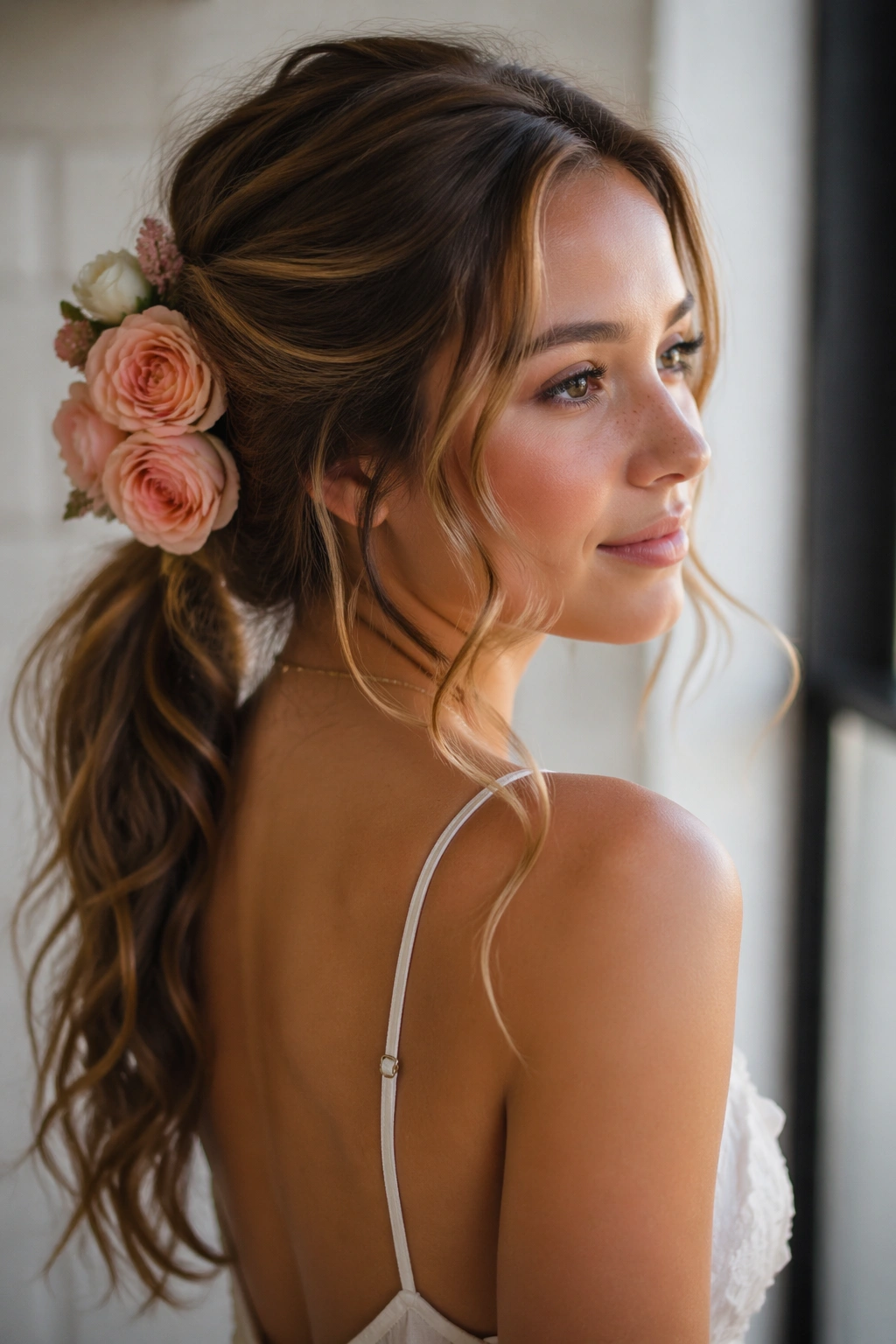 Close-up of a romantic ponytail with garden roses and tendrils around the face