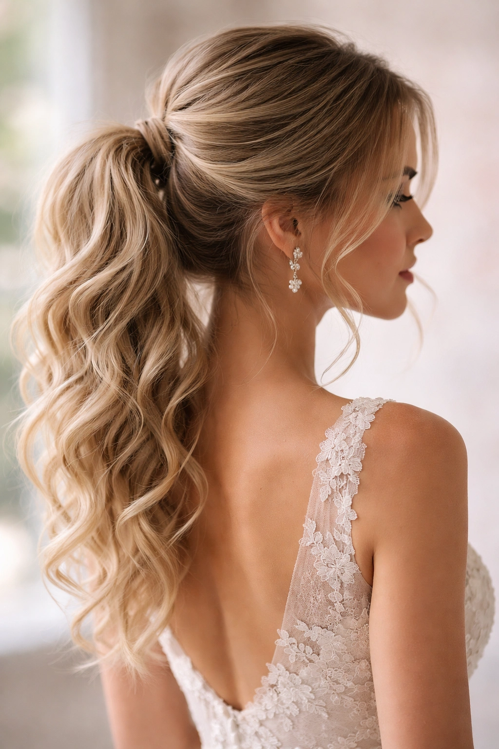 Bridal ponytail with loose waves and airy strands