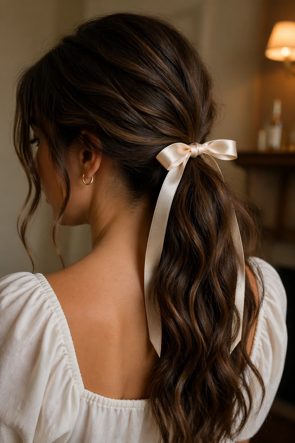 Close-up of a real woman wearing a romantic ribbon-tied ponytail in brown hair.