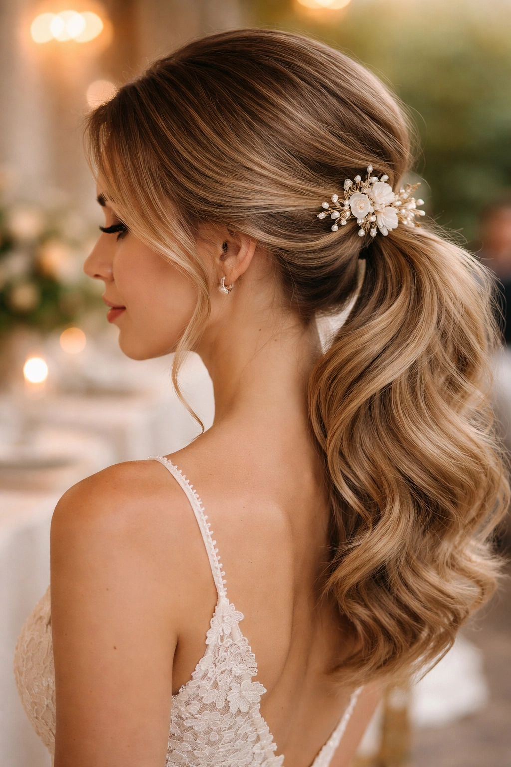 Close-up profile of a romantic side-swept pony with soft waves and floral clip