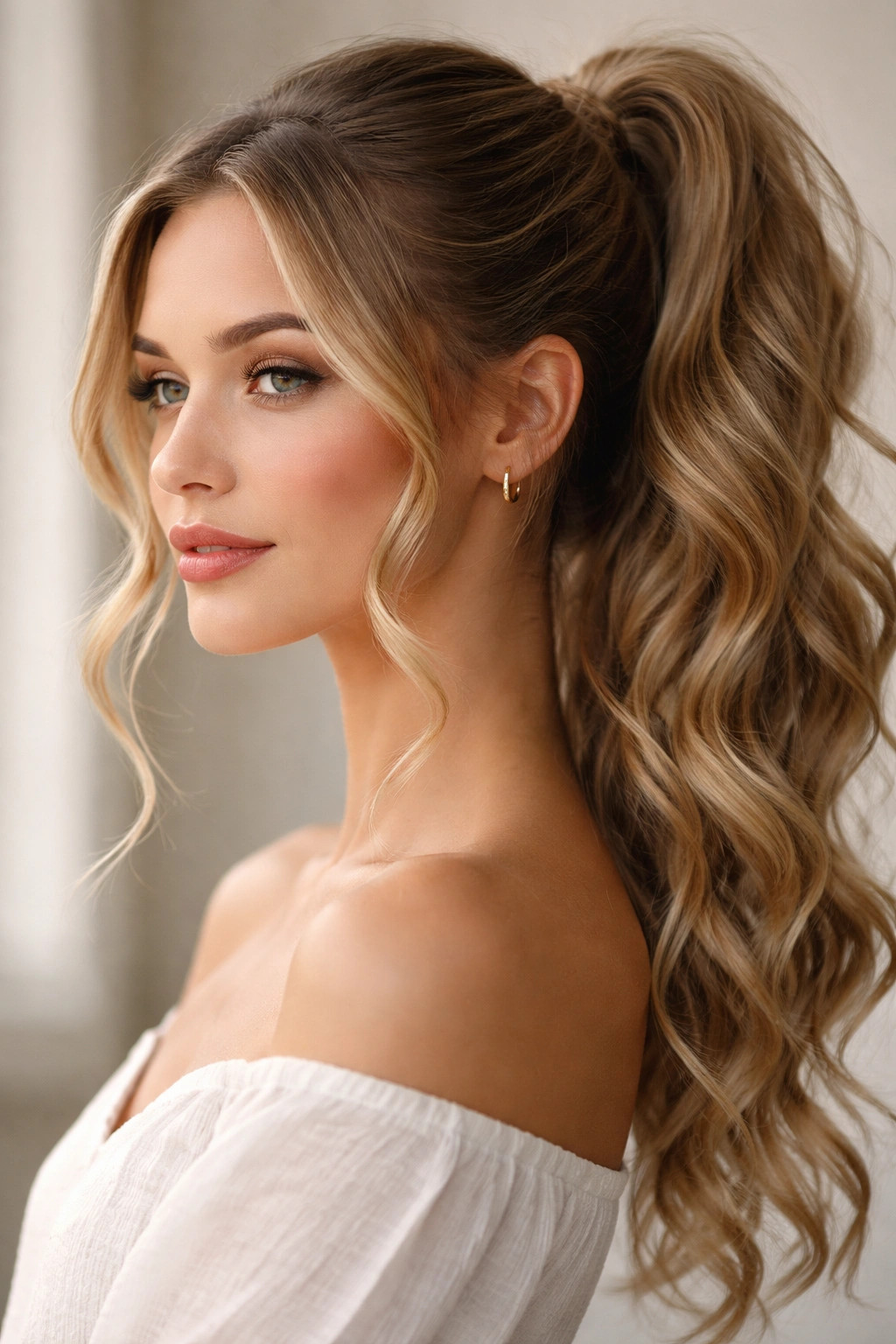 Romantic ponytail with soft tendrils framing the face