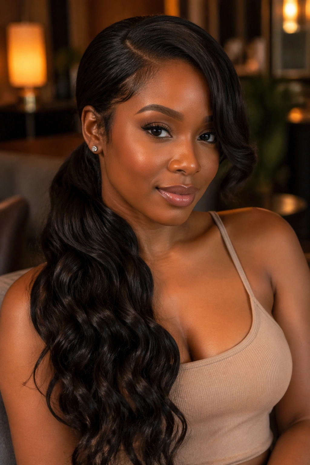 Close-up of a real woman with a romantic side ponytail and glamorous waves over the shoulder.