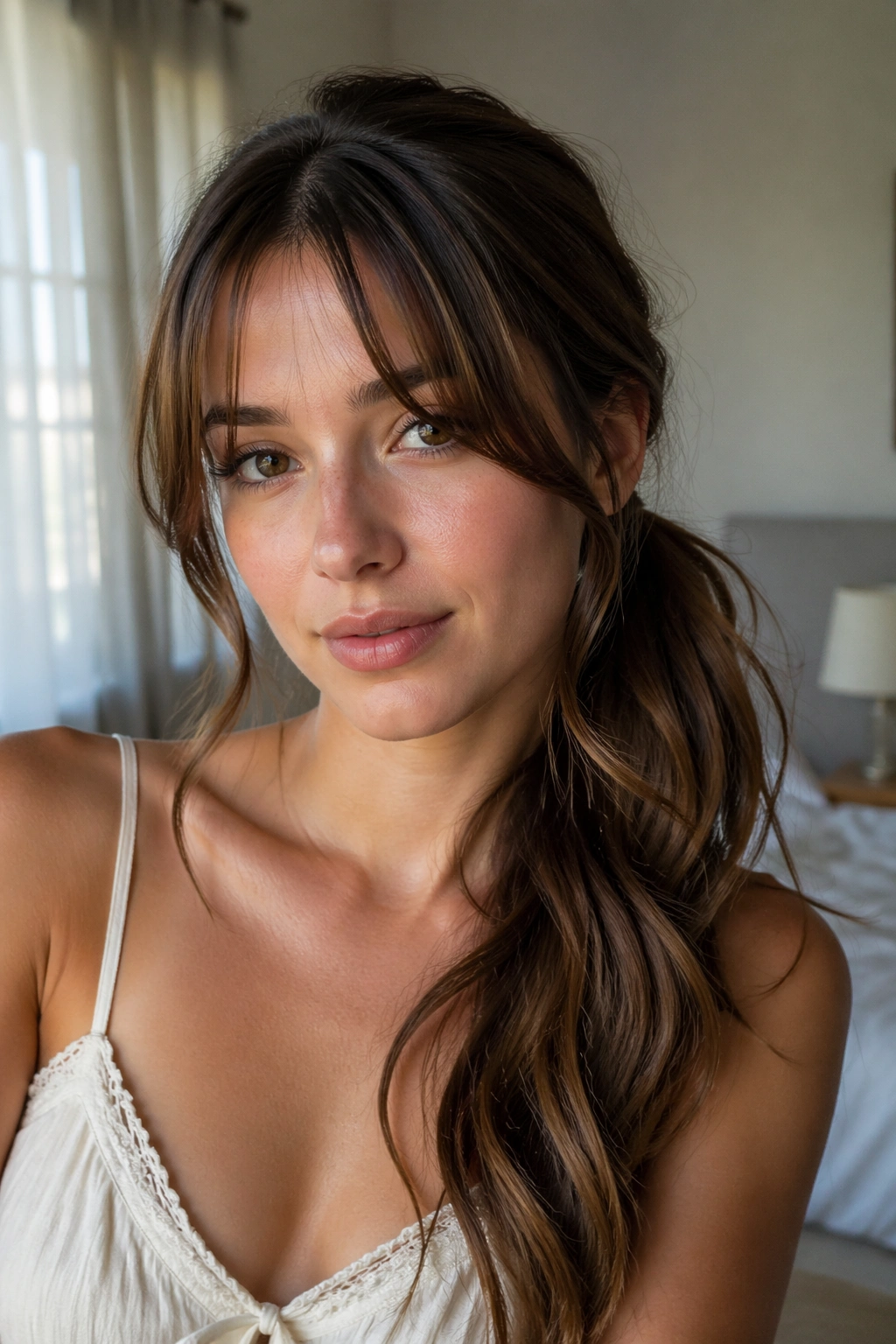 Close-up of a real woman with soft waves, curtain bangs and a side ponytail