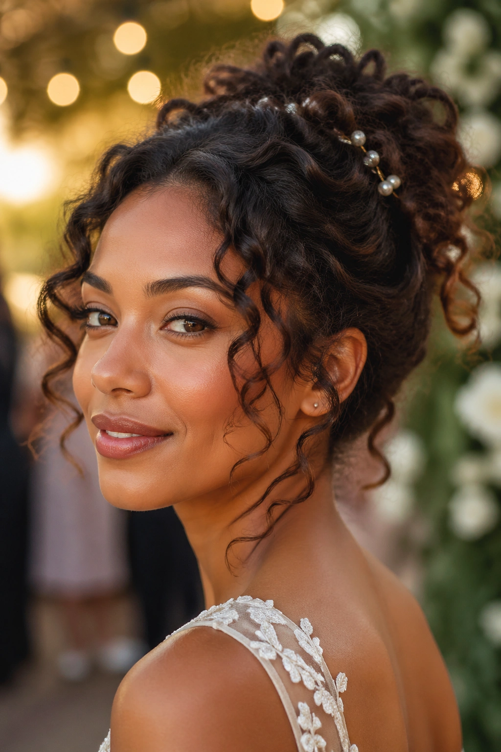 Close-up of The Romantic Loose Updo on a real bride in a garden setting.