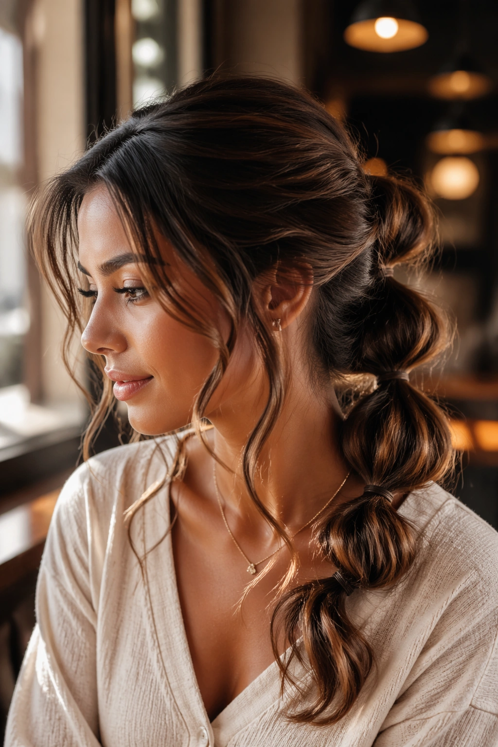 Real woman with romantic waved bubble ponytail and soft waves