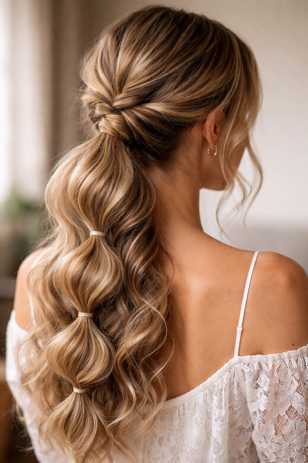 Close-up of romantic wavy low bubble braid ponytail with soft waves