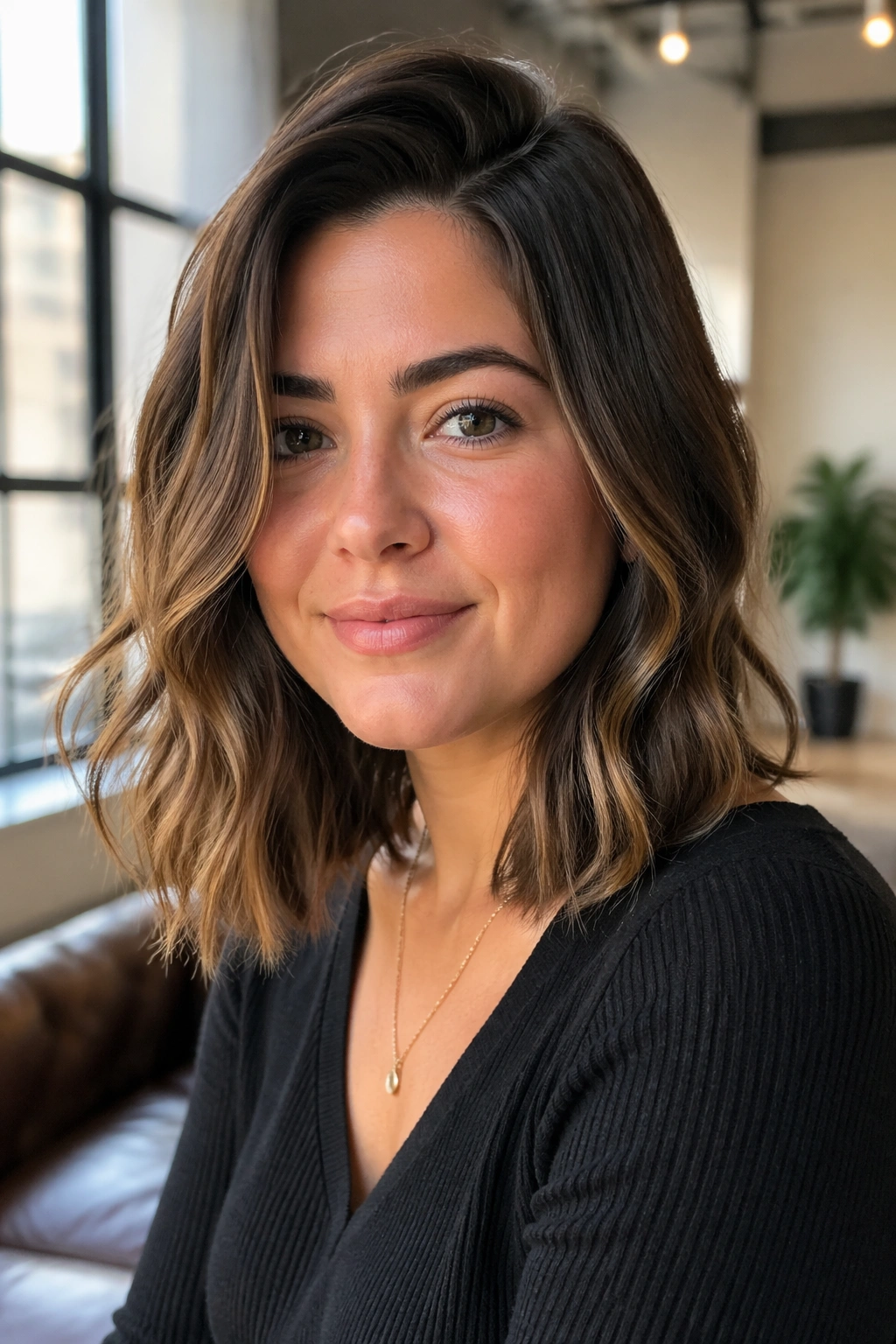 Portrait of a real woman with a root-lifted modern lob under loft window light