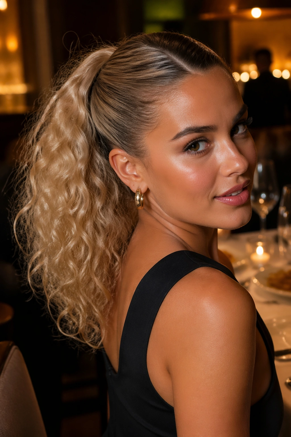 Close-up of a real woman with a sleek root-smudge crown and loose curly ponytail