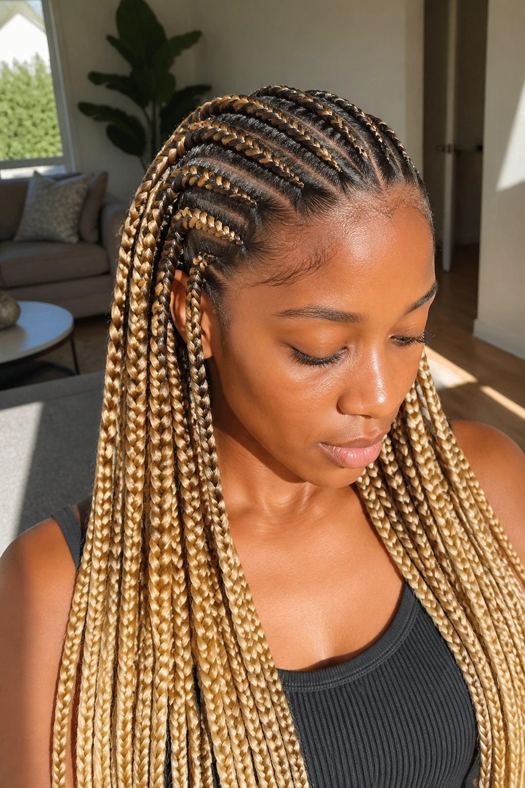 Portrait of a real person with blonde cornrows dark roots transition