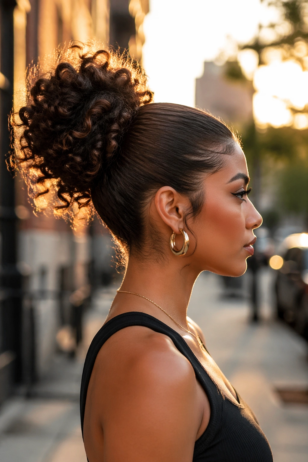 Side profile of sleek roots with a big curly bun in golden hour light.