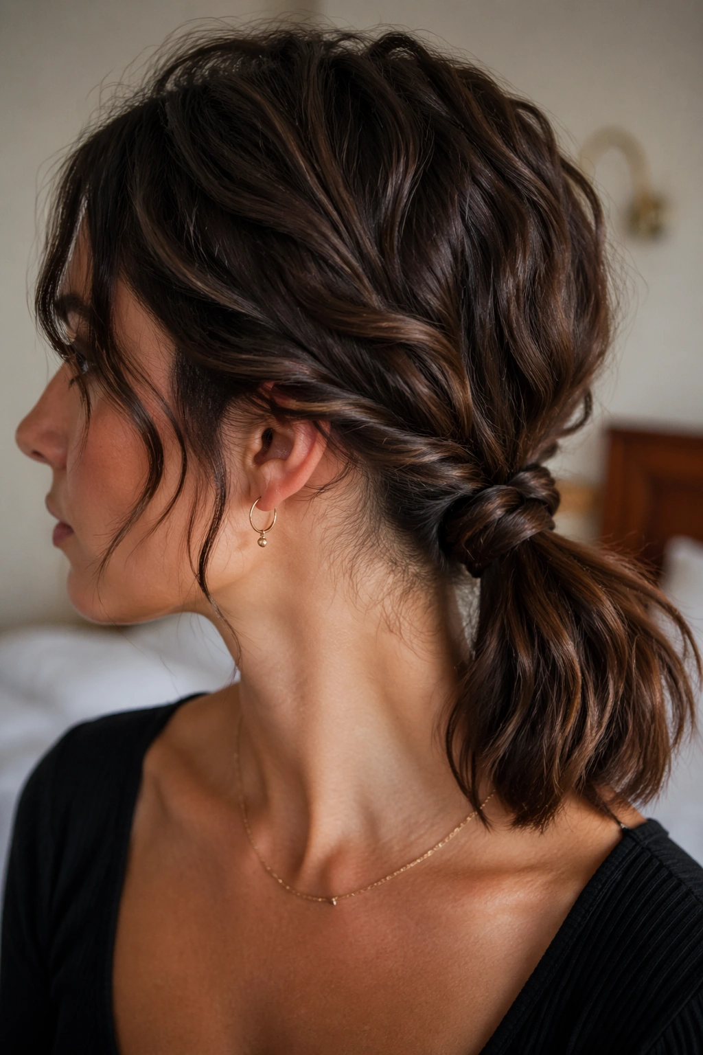 Close-up of a real woman showing a rope-braid base ponytail with side twists at the nape