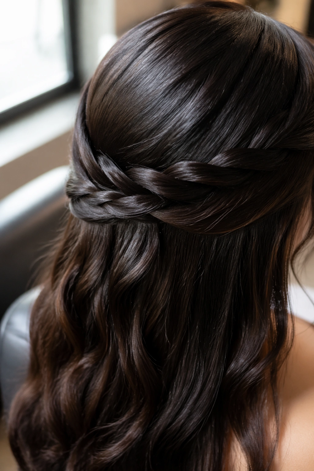 Close-up rope braid glossy finish brunette hair