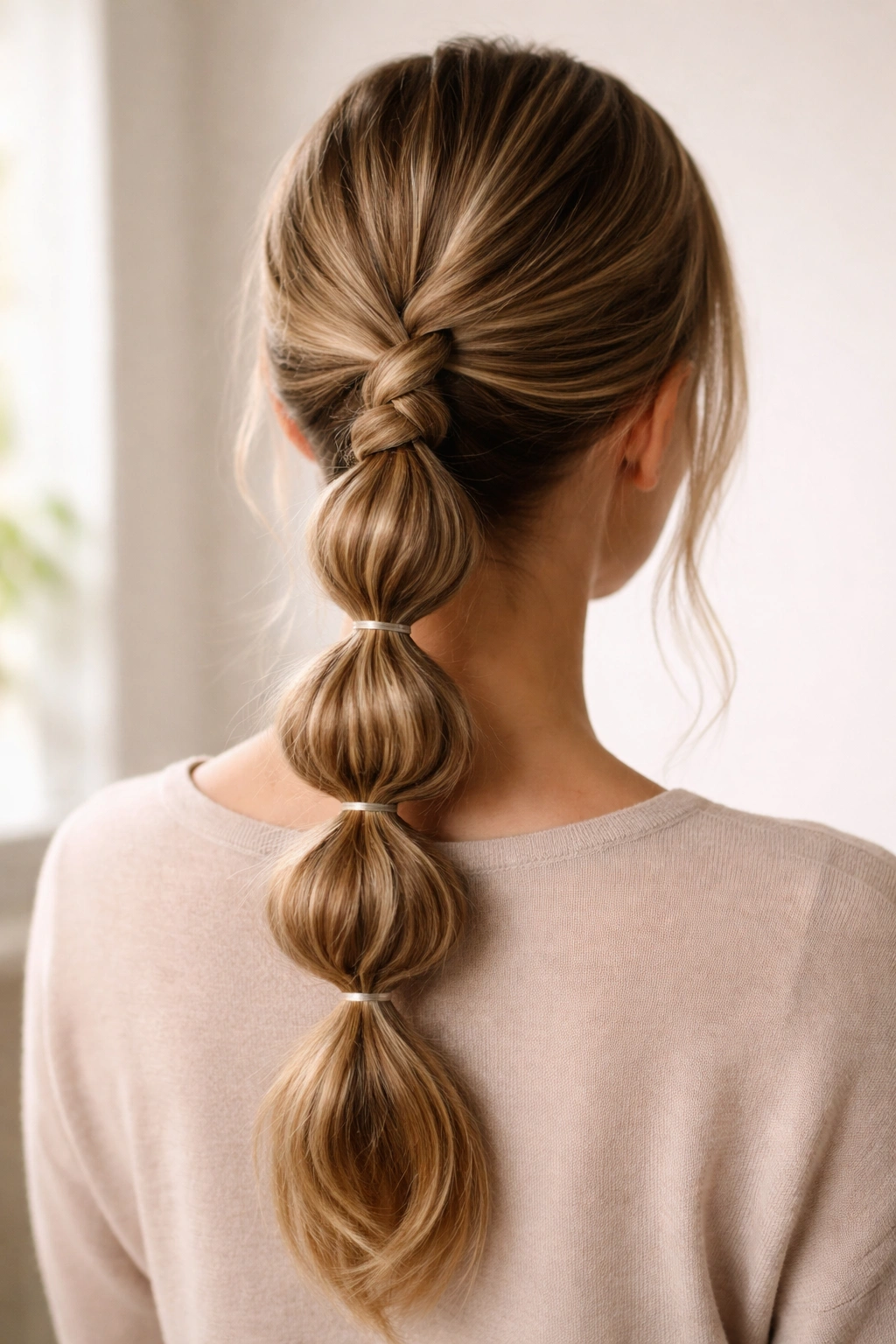 Back view of rope-braid low bubble ponytail with medium bubbles