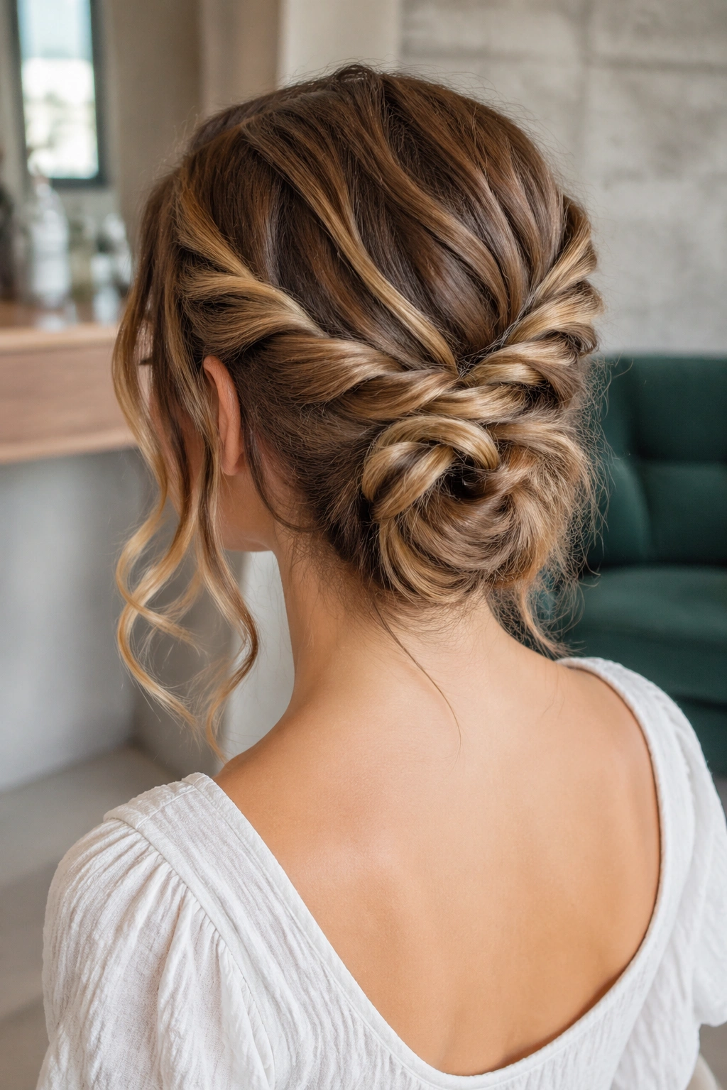 Close-up of a real woman with two rope braids crossing to form a bun
