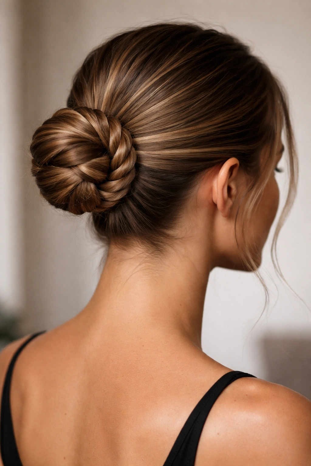 Back view of twisted rope-braid bun wrapped around the base.