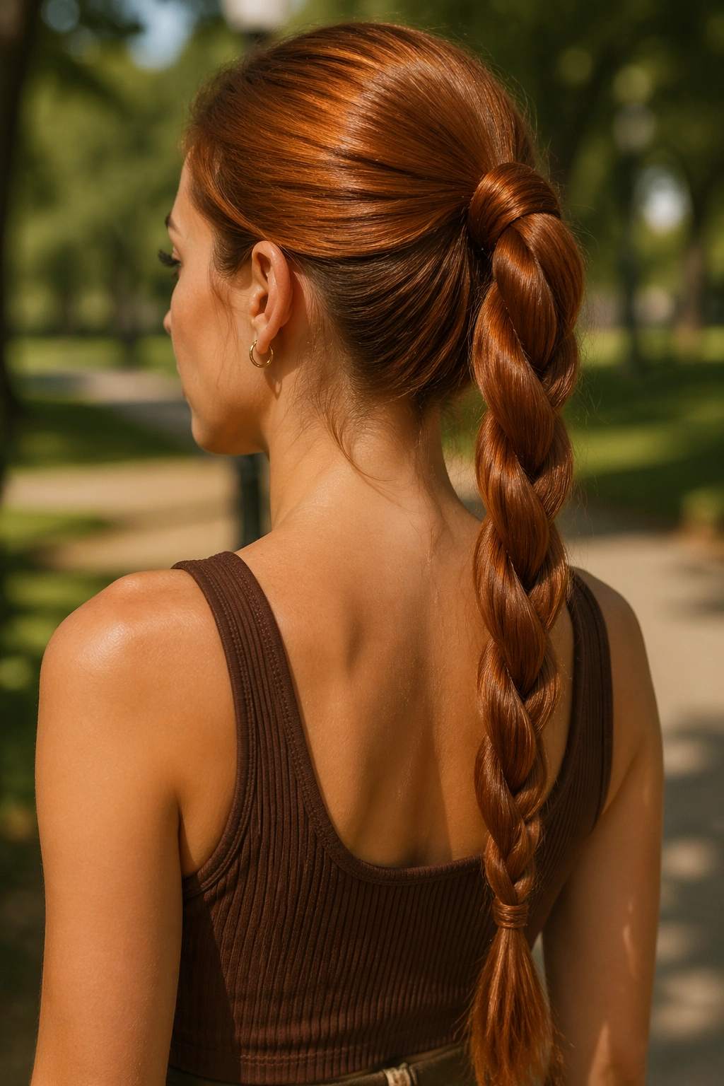 Rear view of real woman with rope-braid copper ponytail