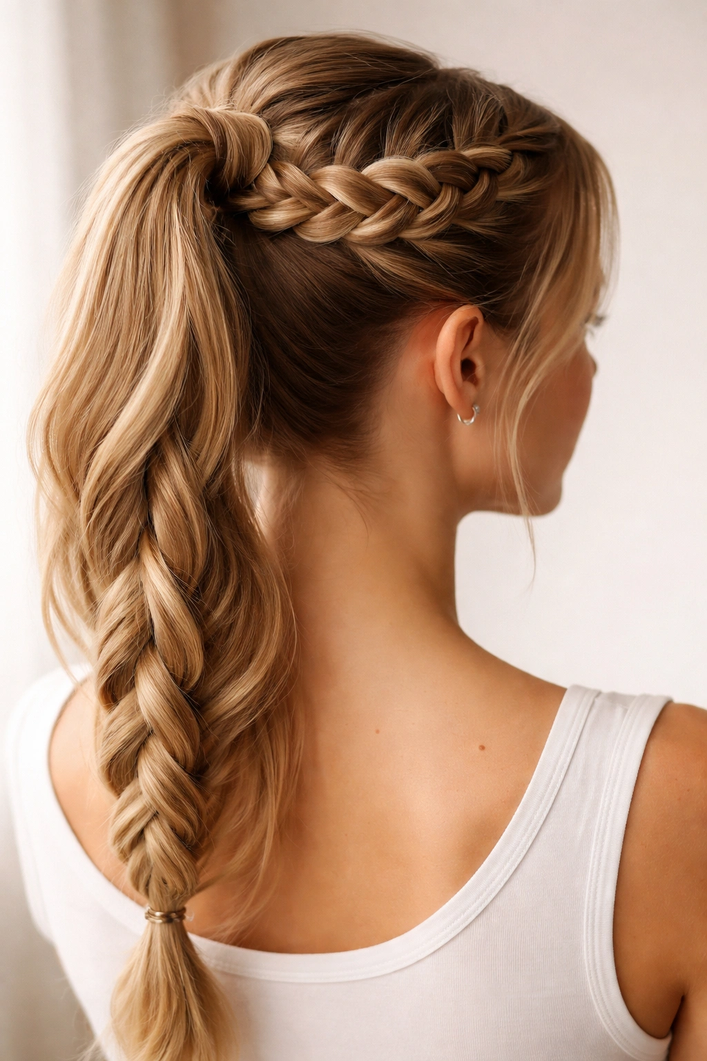 High ponytail with crown French braid and rope-braided tail