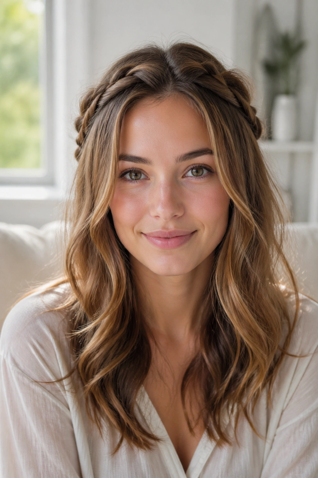 Close-up of a woman with a rope braid forming a half crown and waves beneath.