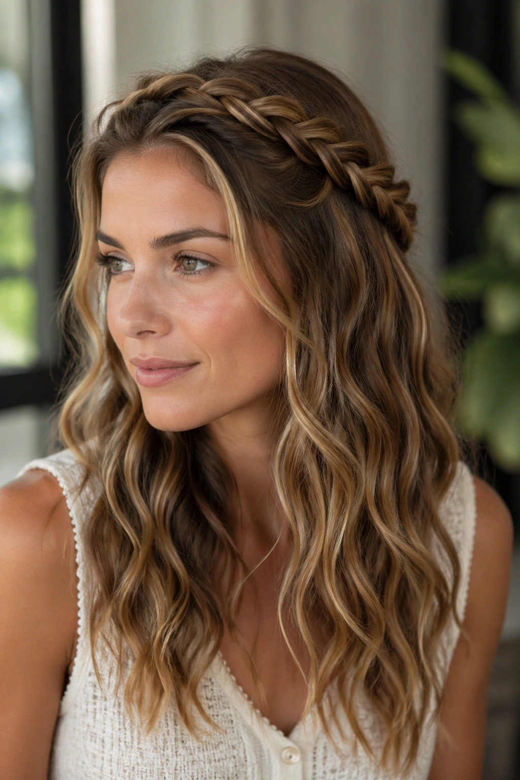 Portrait of a real woman with a rope braid crown and loose waves