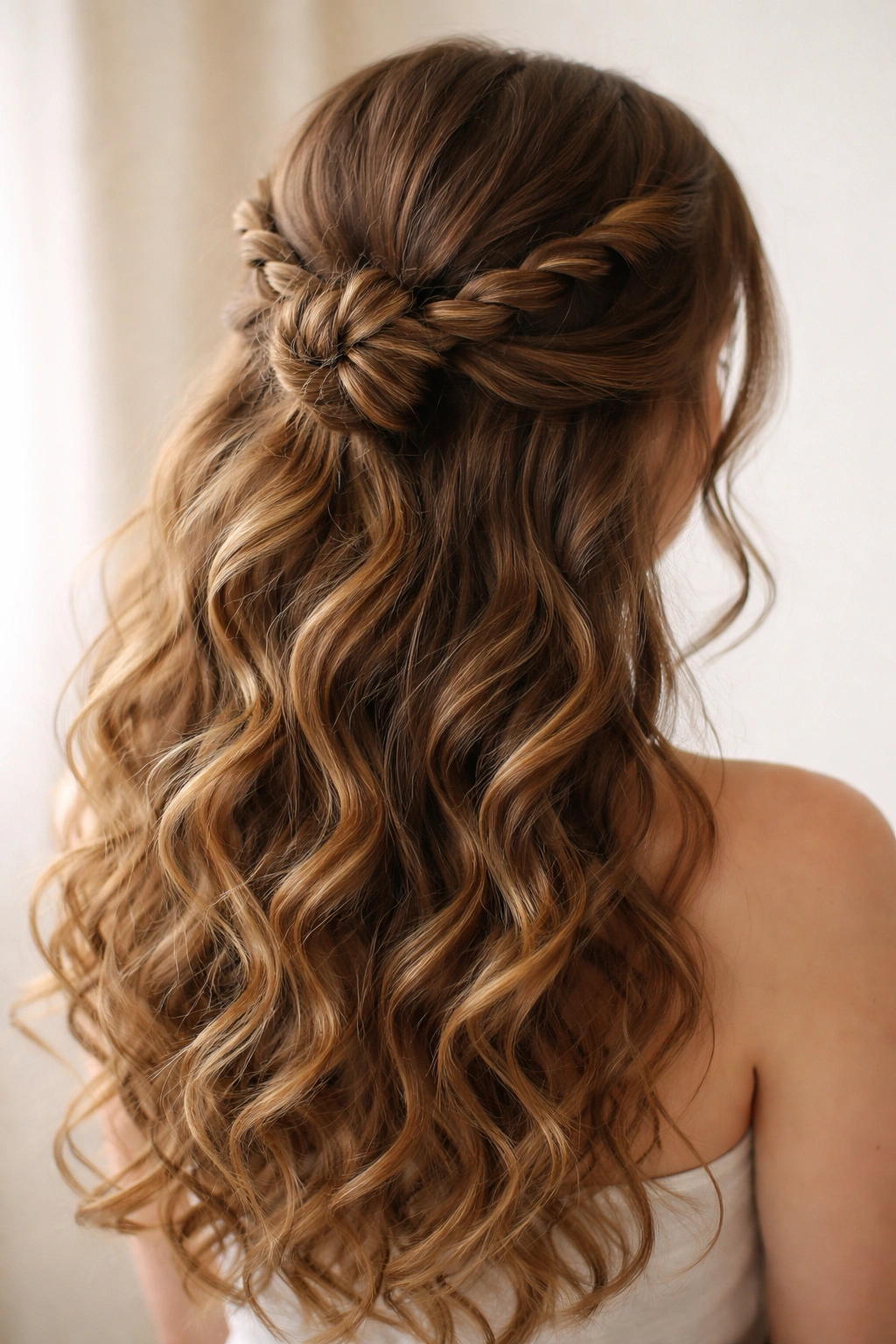 Rope-braid half-up bun with twists forming a small back bun and curling ends