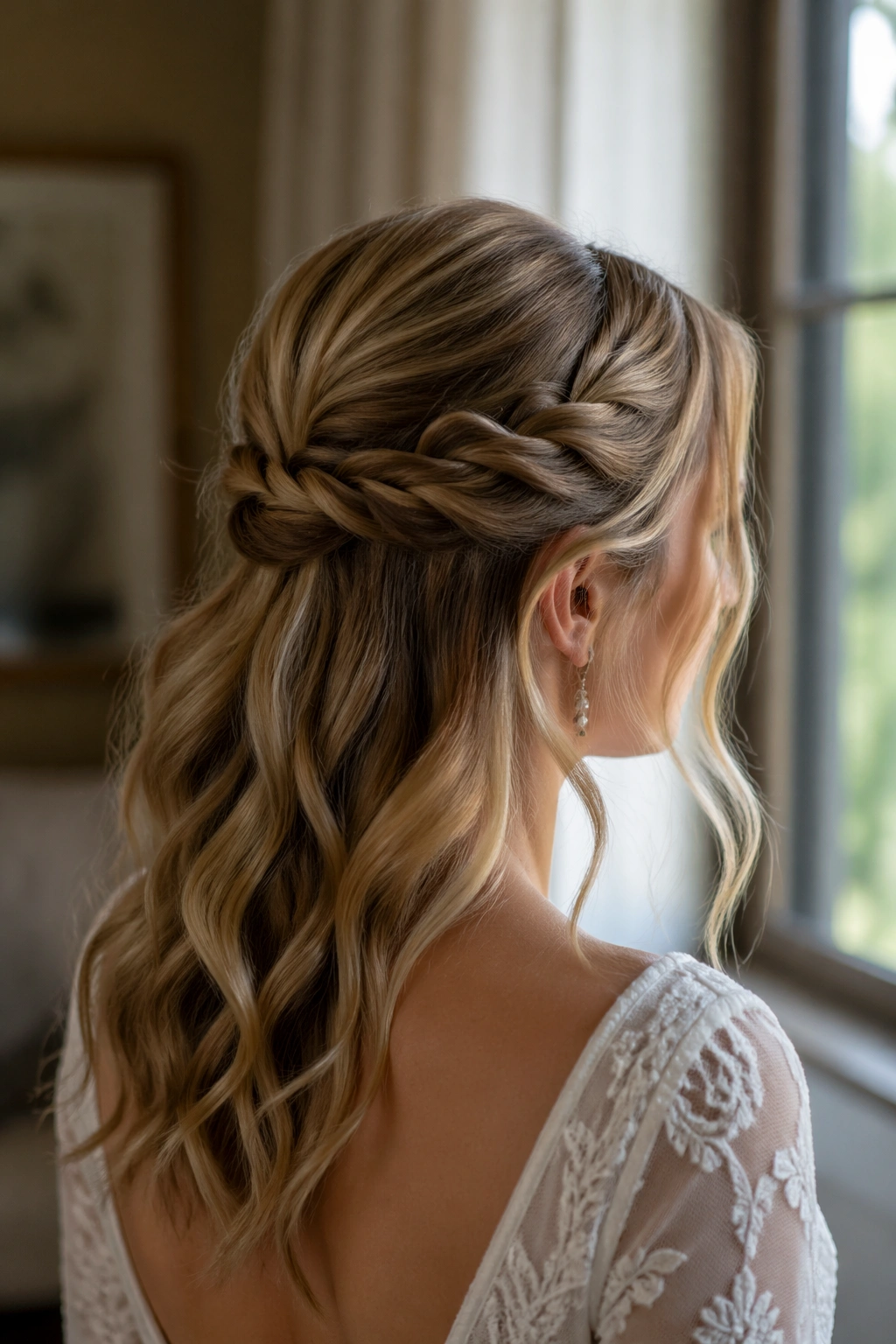 Bride with rope braid half-up in a close portrait