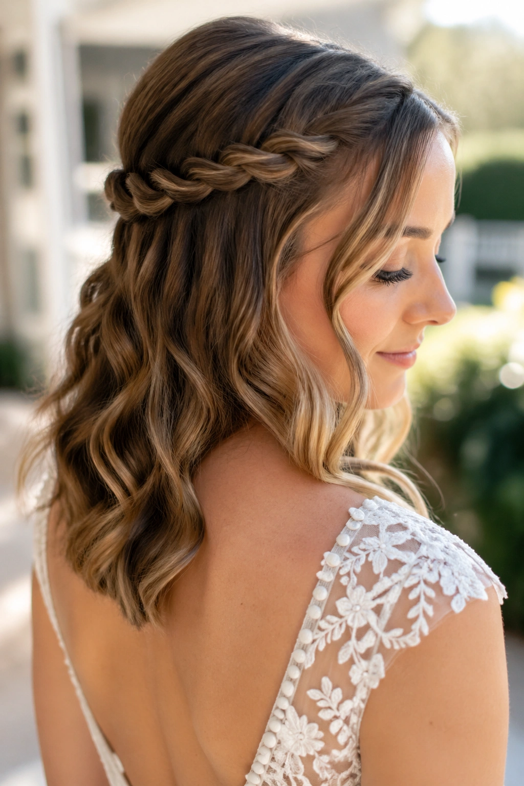 Close-up of a real bride with rope braid half halo and waves