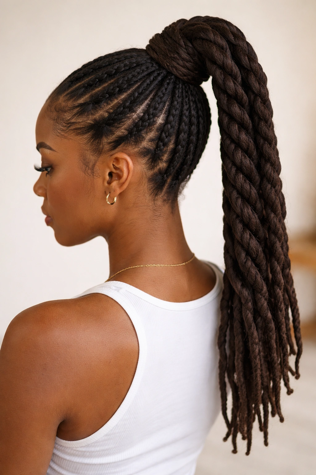High rope braid ponytail on locs with crown placement