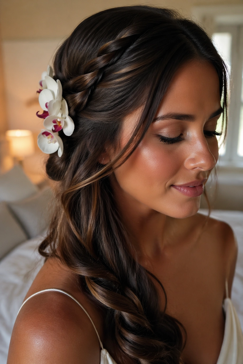 Close-up of a real woman with a rope braid featuring an orchid near the twist, in soft window light