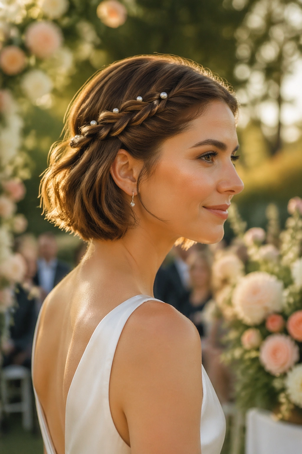 Rope braids with pearl pins on short hair
