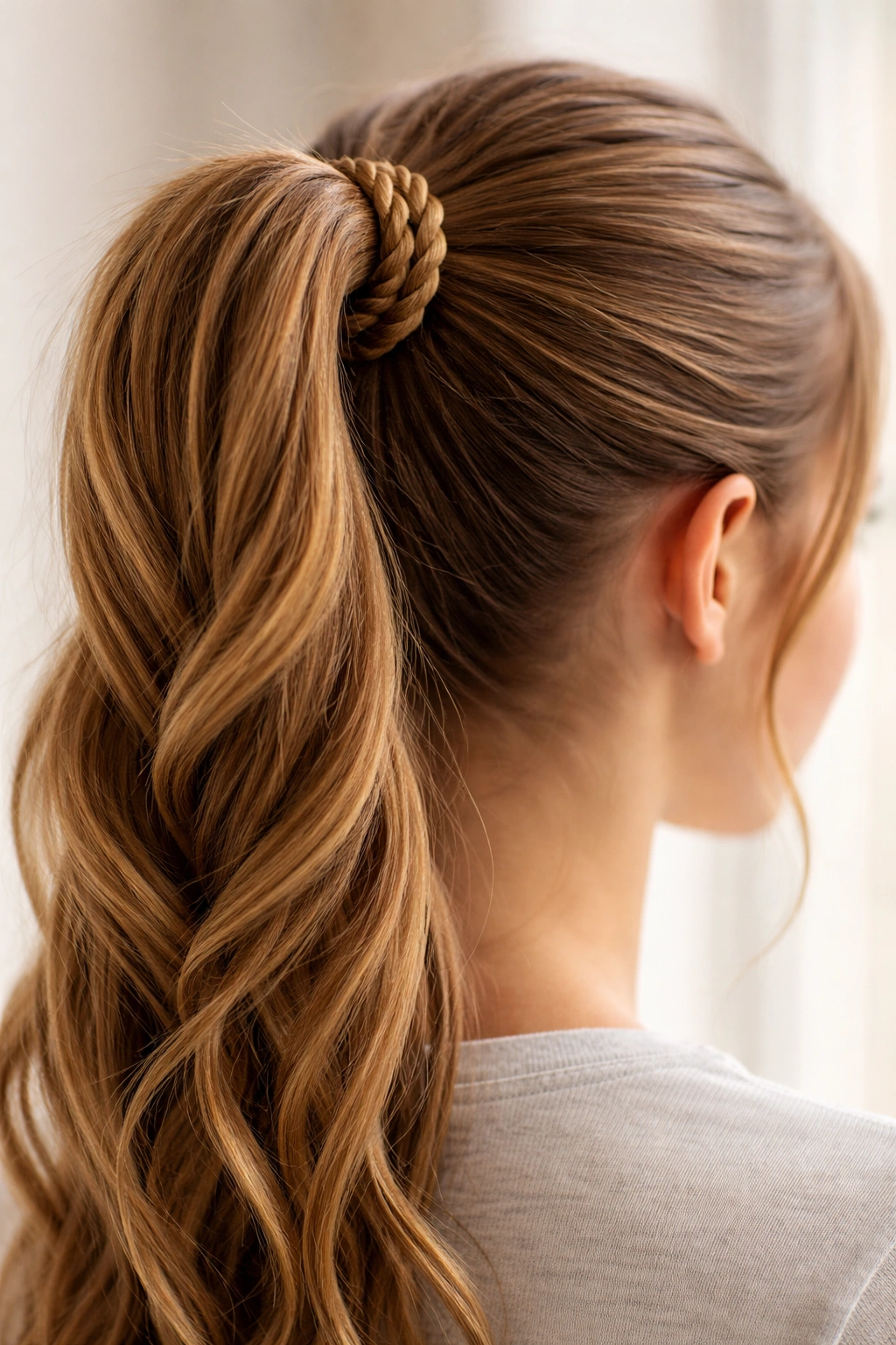 Close-up of a high ponytail with rope-like twists at the base