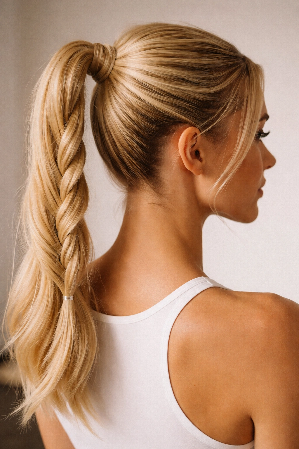 Close-up of a blonde rope-braid high ponytail