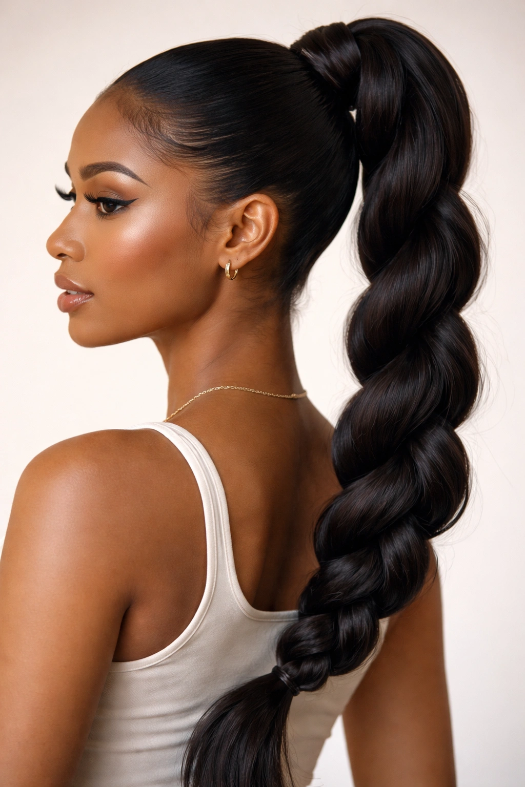 Back/three-quarter view of jumbo rope-braid ponytail with two thick twists