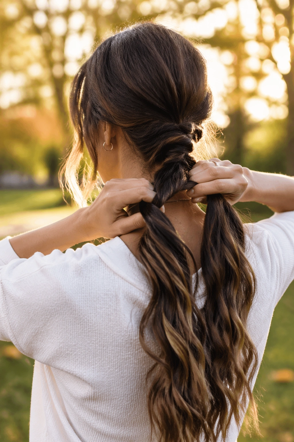 Hands twisting rope braid into a ponytail in a park at golden hour.