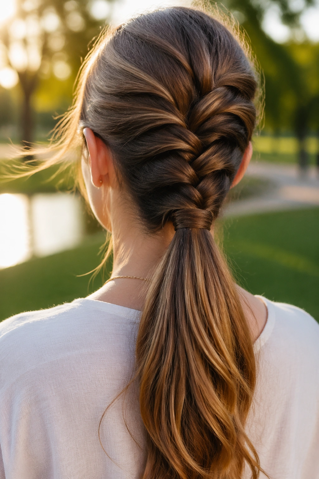 Back view of Rope-Braid Ponytail on real woman showing rope twist into ponytail