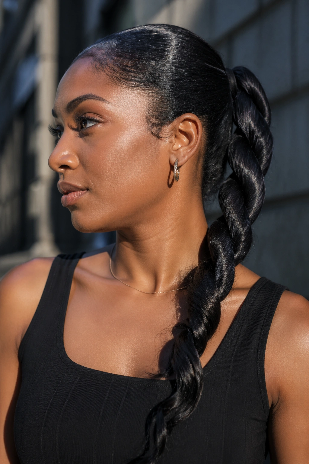 Portrait of a real woman with a rope-braid ponytail on an urban street.