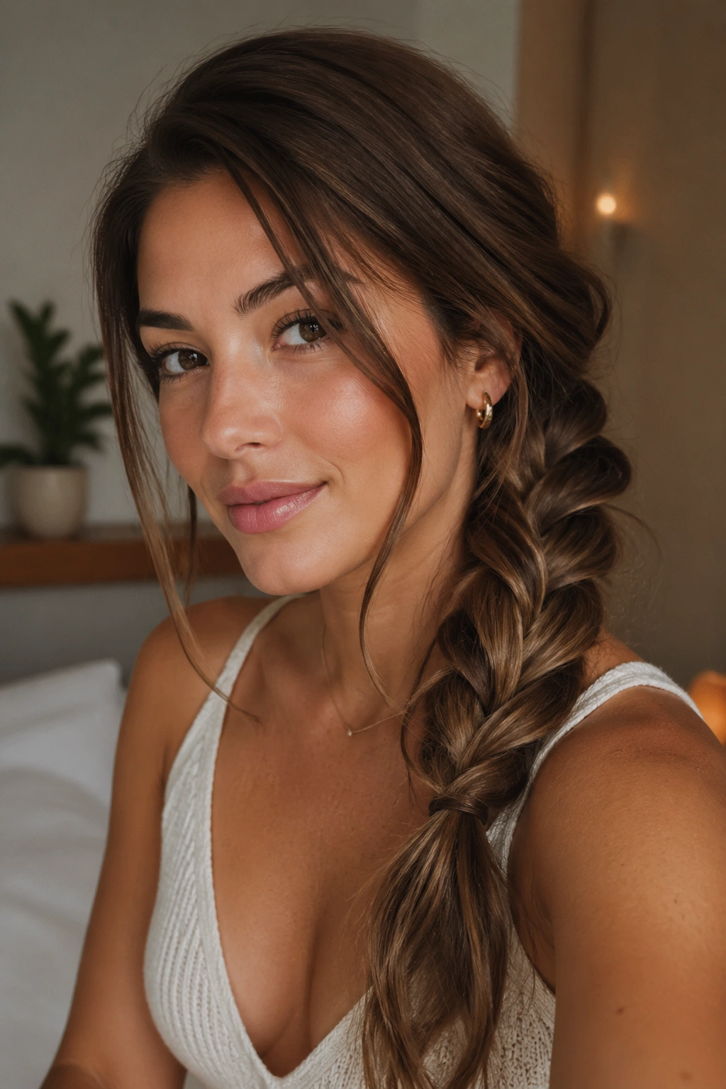 Portrait of a woman with a rope braid side ponytail