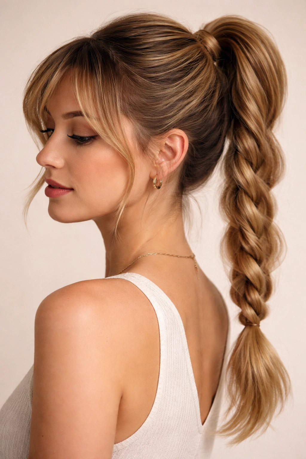 Close-up of rope-braid ponytail with side bangs in a neutral studio.