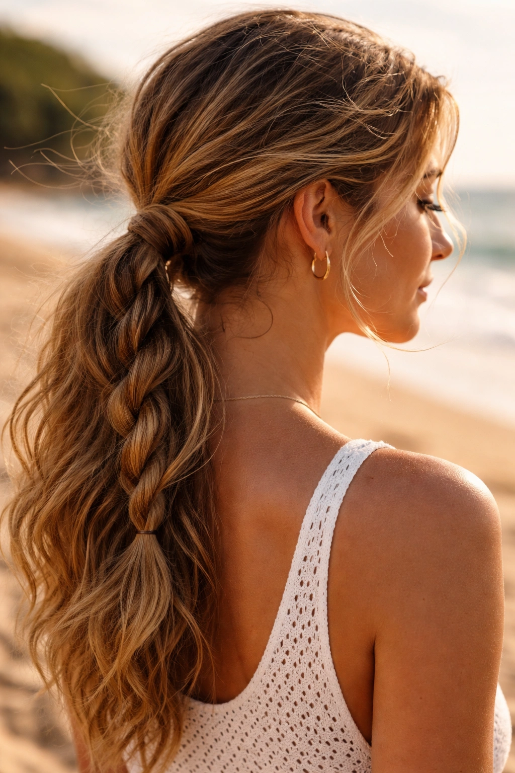 Real woman with rope braid ponytail at the beach