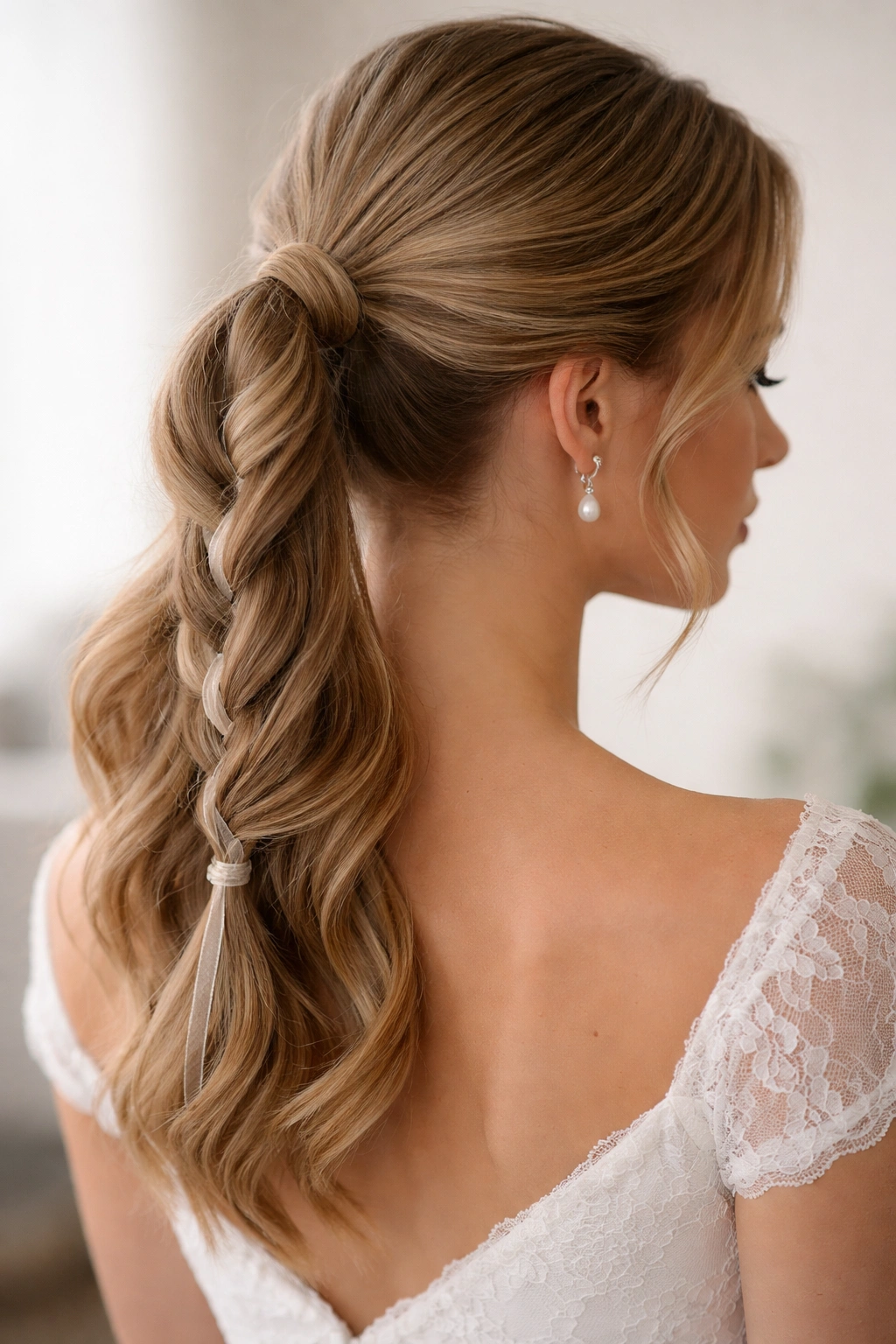 Close-up of a rope-braid ponytail on a bridal-model head, showing clean lines and wrapped rope