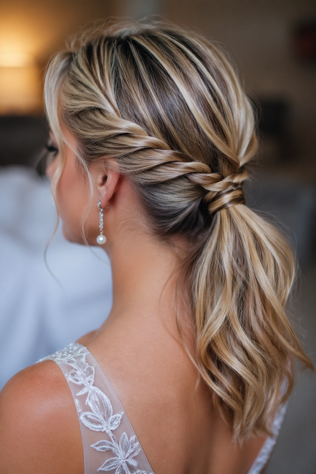 Close-up of a real bride with a rope braid leading into a ponytail