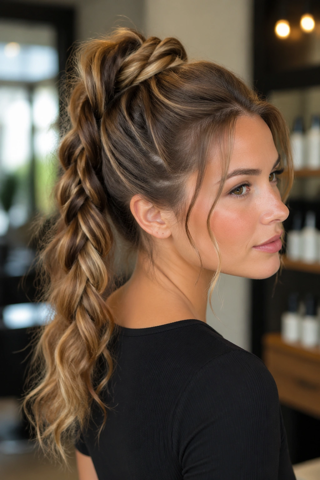 Close-up of a real woman with a rope-braid high ponytail and lifted crown