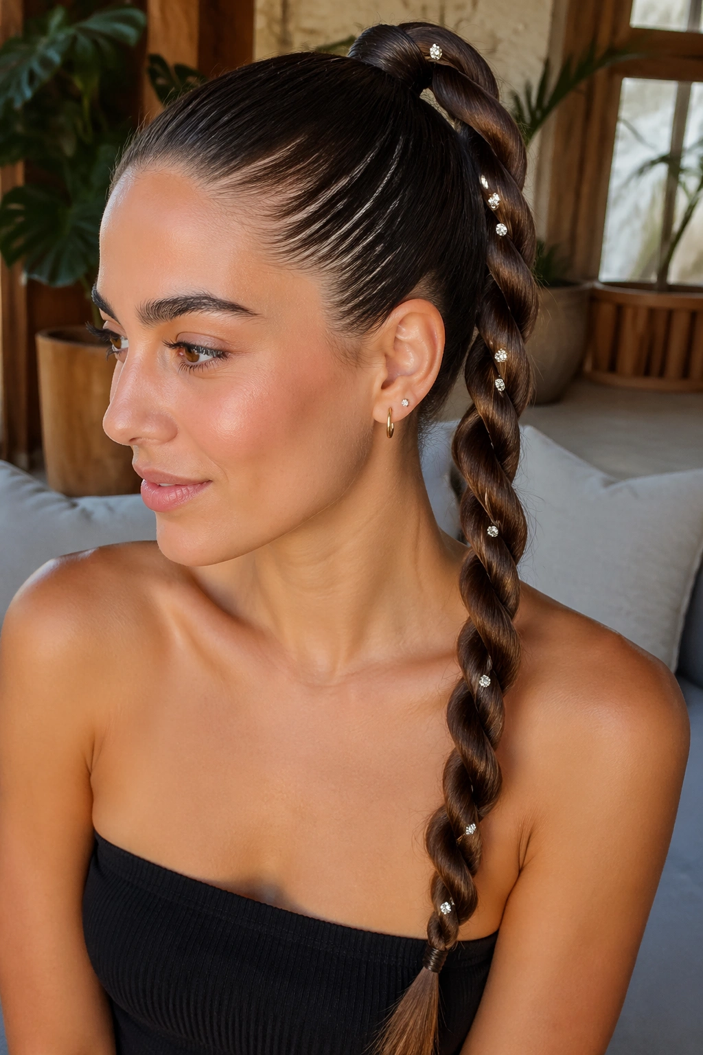Close-up of a real woman with a rope braid ponytail and crystals along the twist.