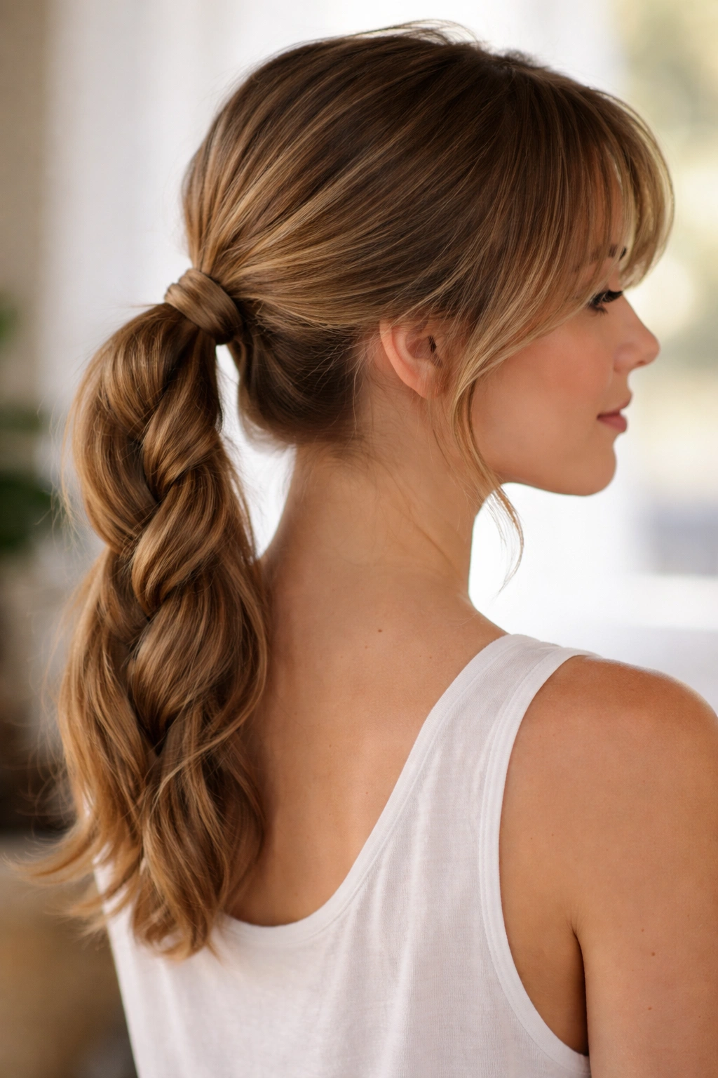 Rope-braid ponytail with soft front bangs in a simple setting