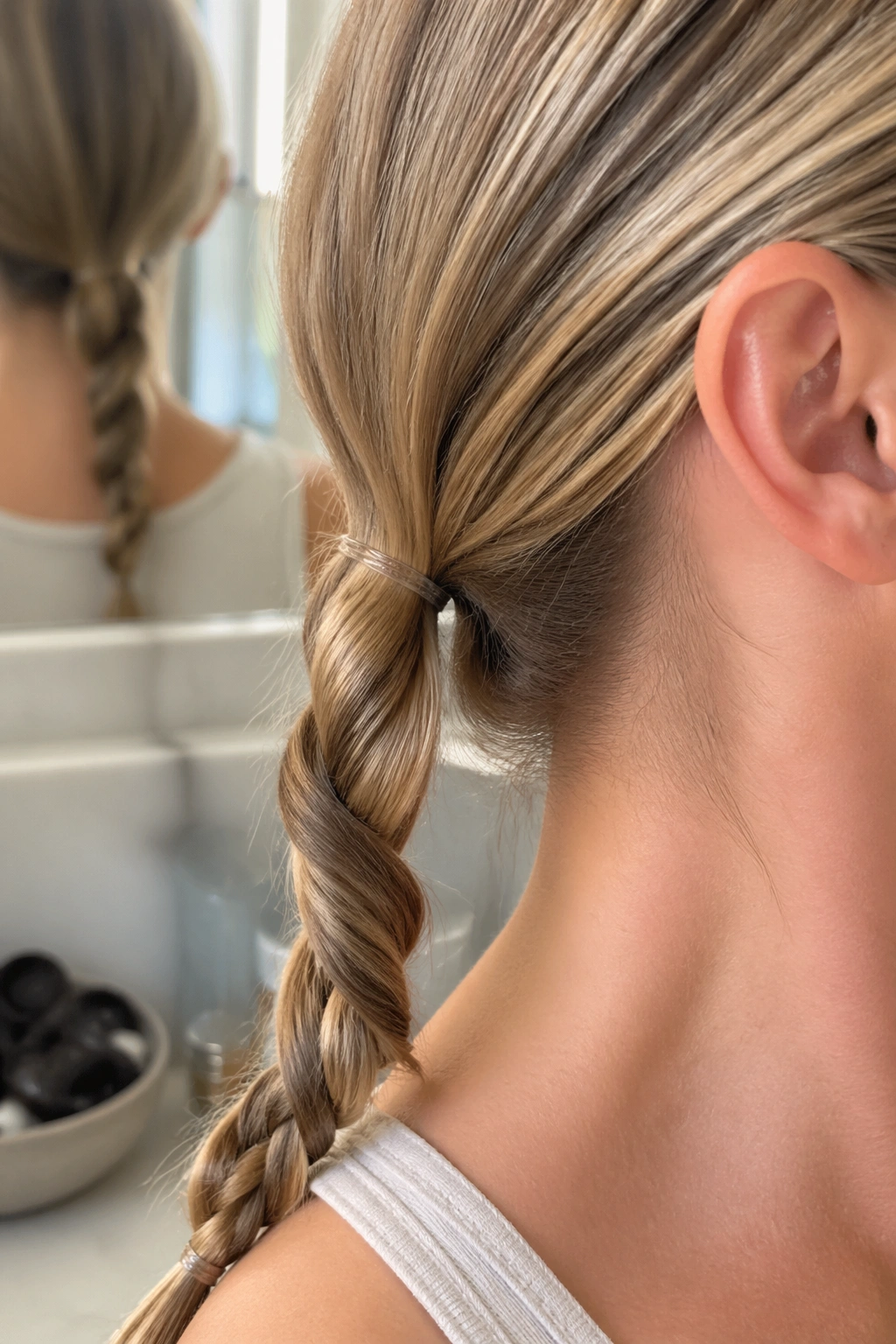Close-up of a rope-braid ponytail on thin hair in softly lit bathroom.