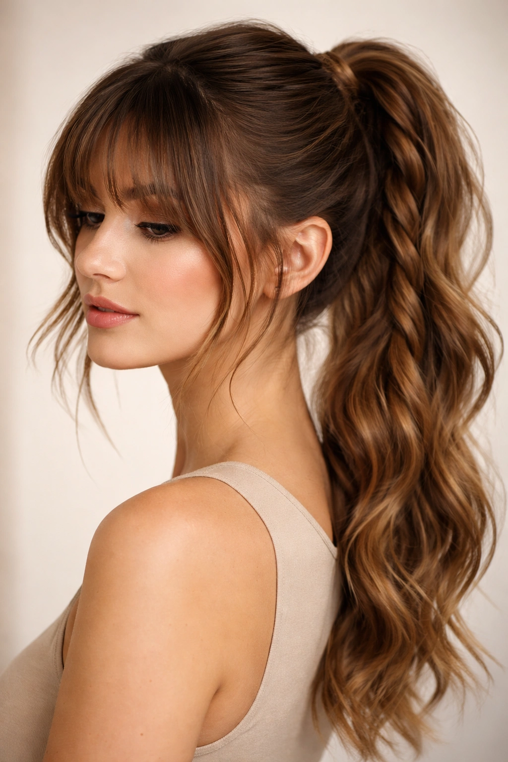 Rope-braid ponytail with long fringe