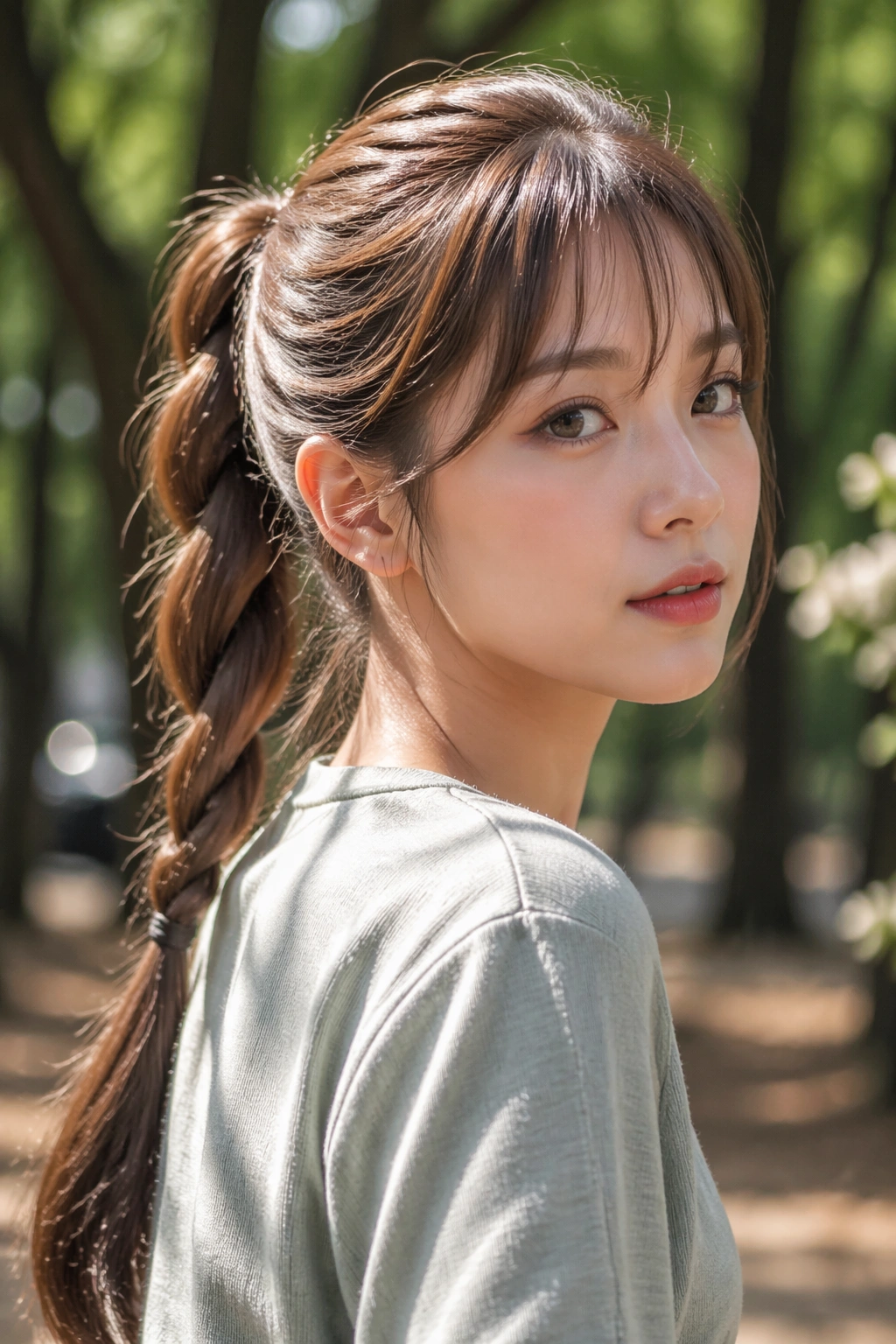 Woman with rope-braid ponytail and light fringe in a sunlit park.